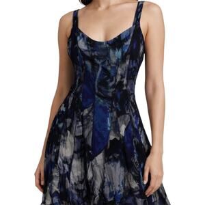 Vintage Elana Kattan Skater Dress Wearable Art Lettuce Hem Abstract Blue Small